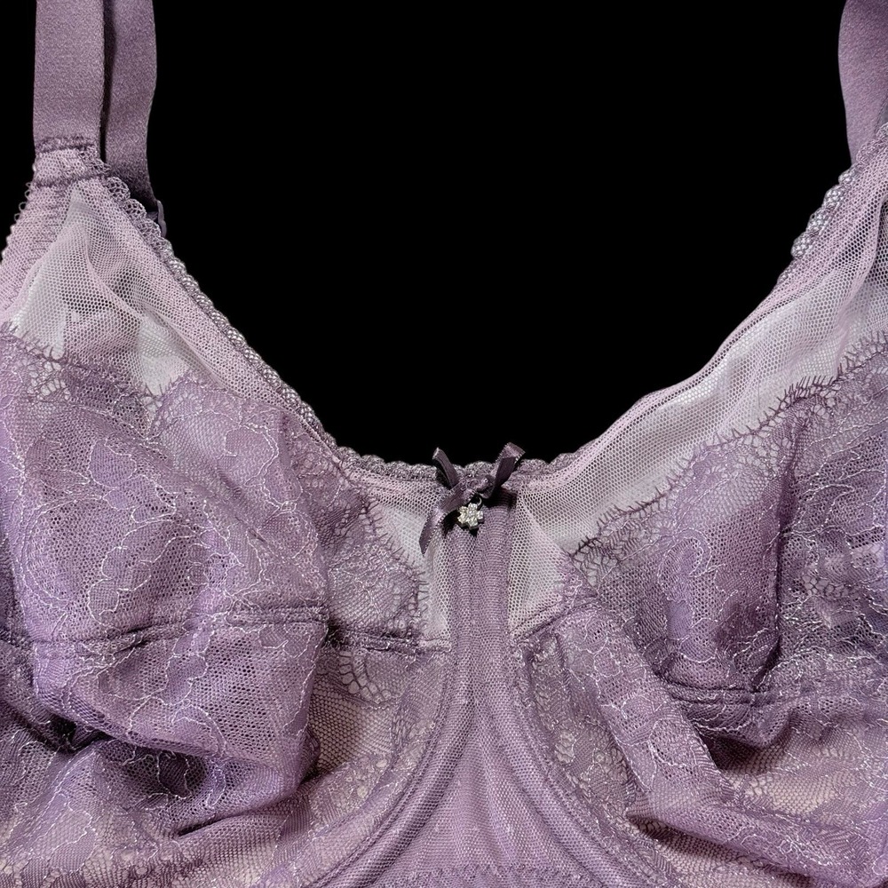 Wacoal 855186 34G Semi Sheer Purple & Metallic Underwire Bra Bow & Rhinestones - Picture 2 of 5